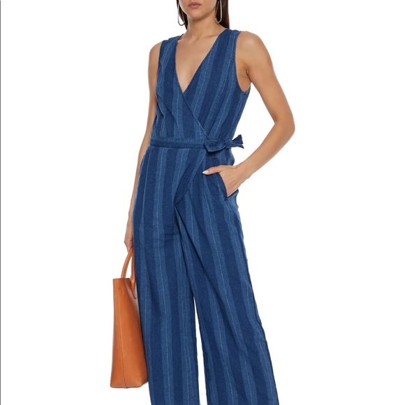 NEW • Joie • Xenia Cropped Striped Linen and Cotton Blend Jumpsuit Blue XXS - Picture 1 of 3